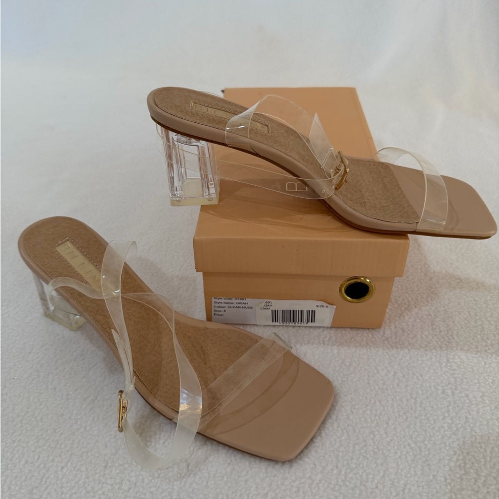 Billini Clear Strap Nude Block Heel Sandals